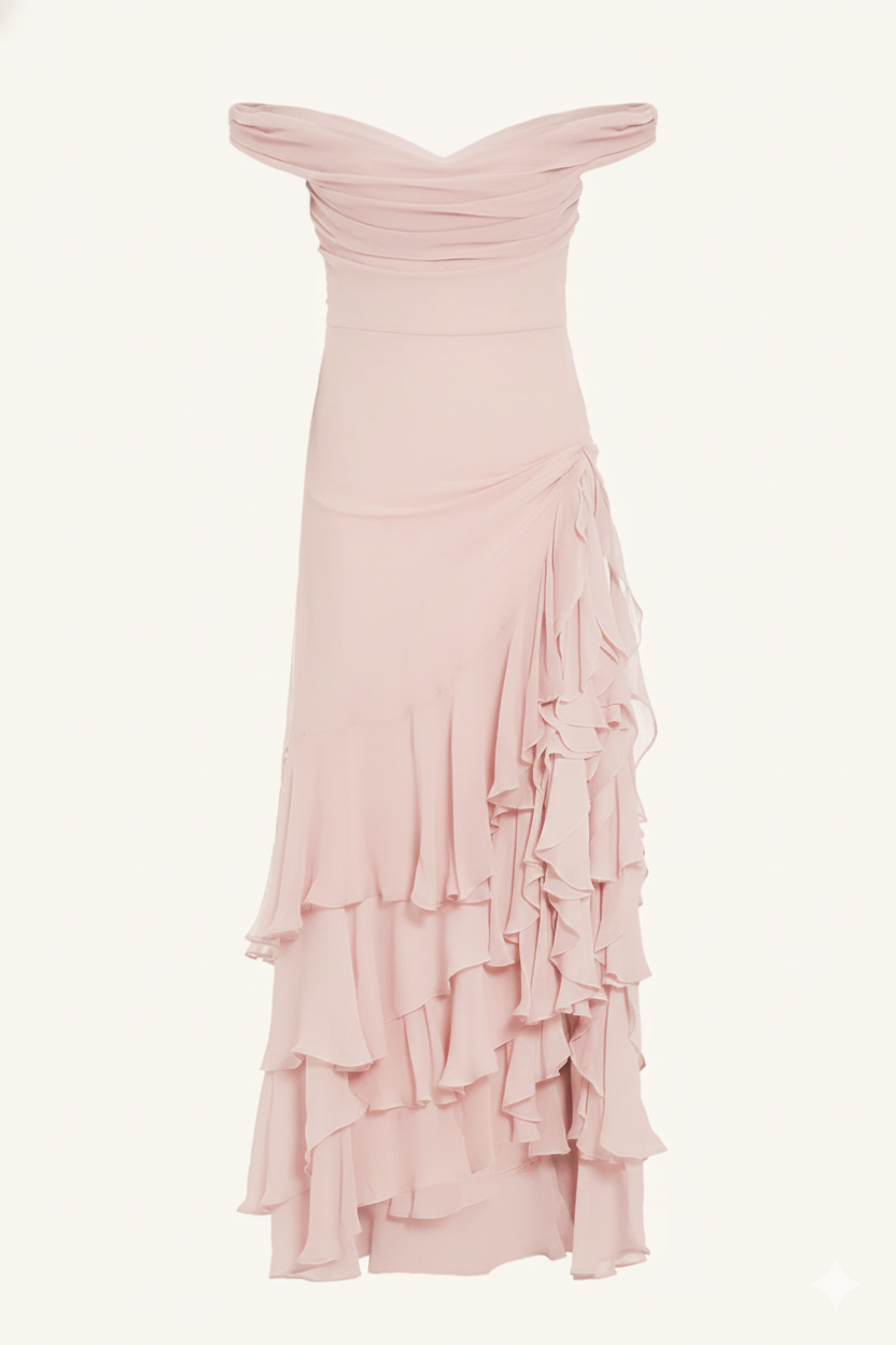 Aurelia Off-Shoulder Ruffled Gown – Blush