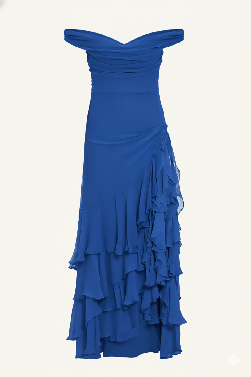 Aurora Off-Shoulder Ruffled Gown – Royal Blue