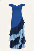 Aurelia Off-Shoulder Cascade Gown – Sapphire & Midnight Blue
