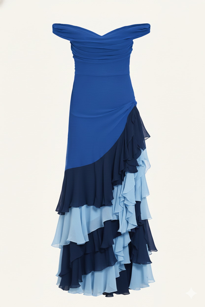 Aurelia Off-Shoulder Cascade Gown – Sapphire & Midnight Blue