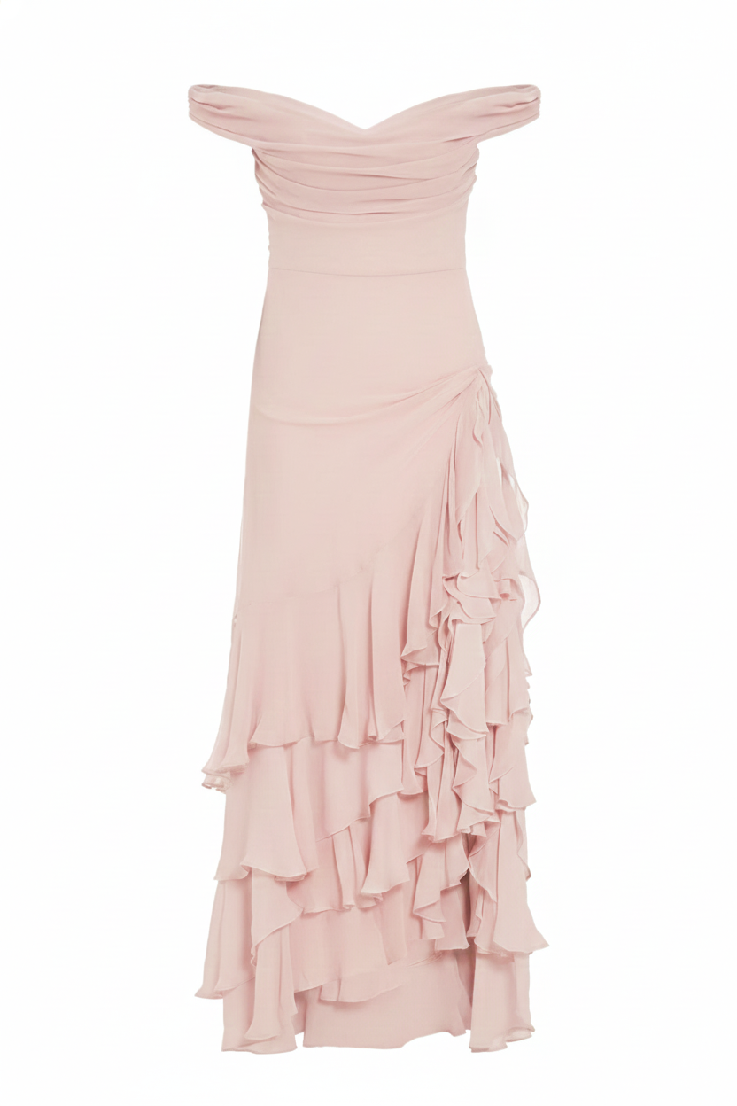 Aurora Off-Shoulder Ruffled Gown – Soft Blush