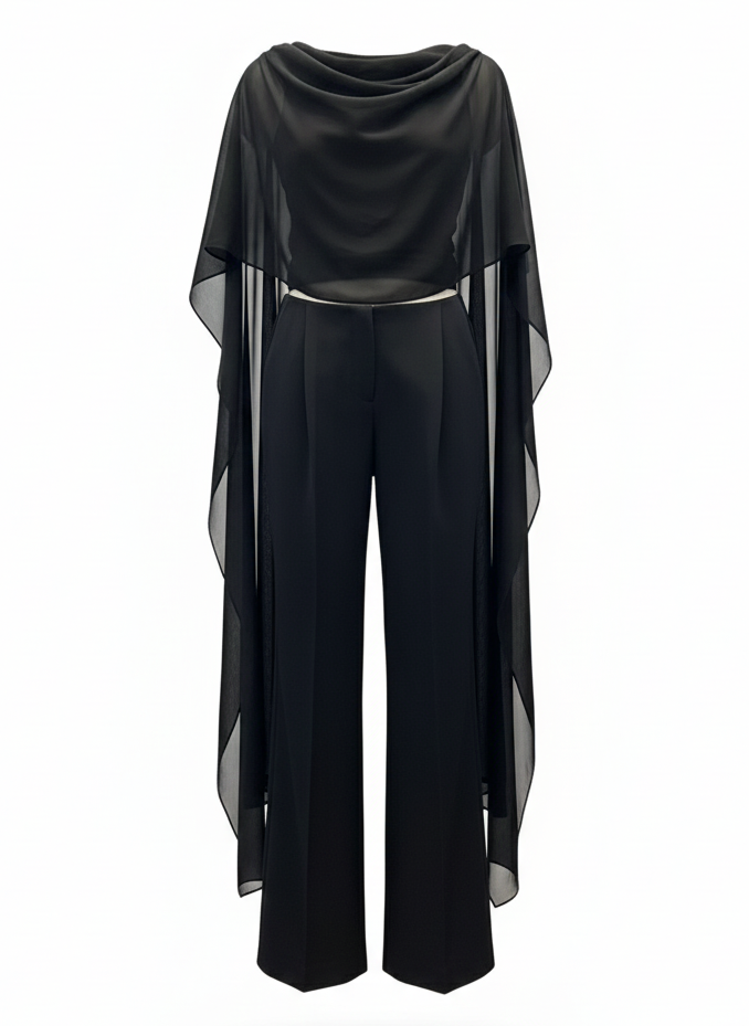 LUNA Cape-Overlay Wide Leg Pants – Black