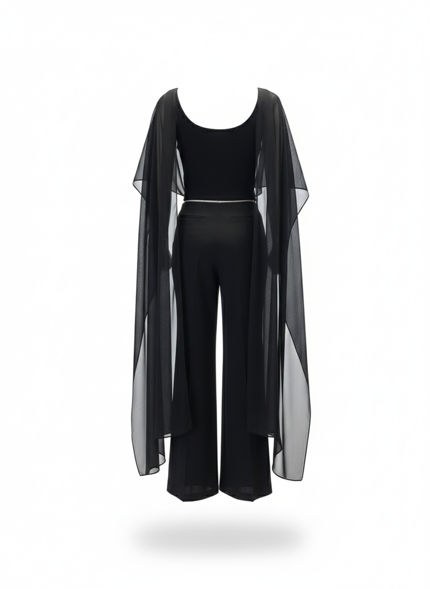 Elara Sheer Flow Cape Set – Black