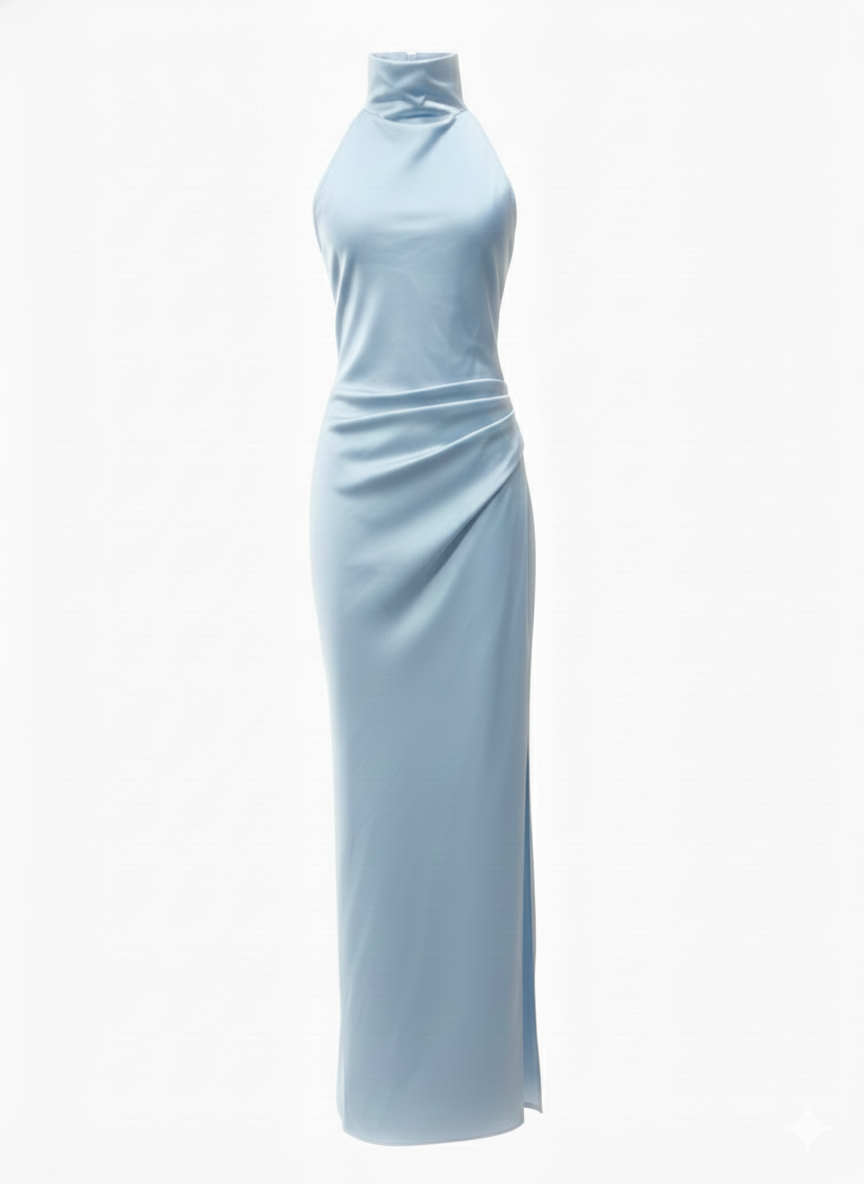 Astra High-Neck Open Back Dress – Ice Blue