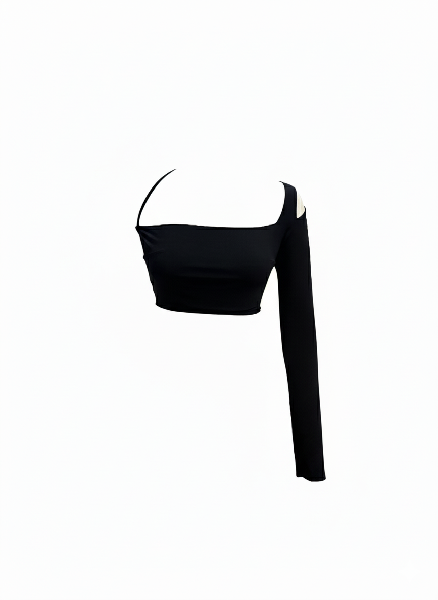 Aria Asymmetric One-Sleeve Crop Top – Black