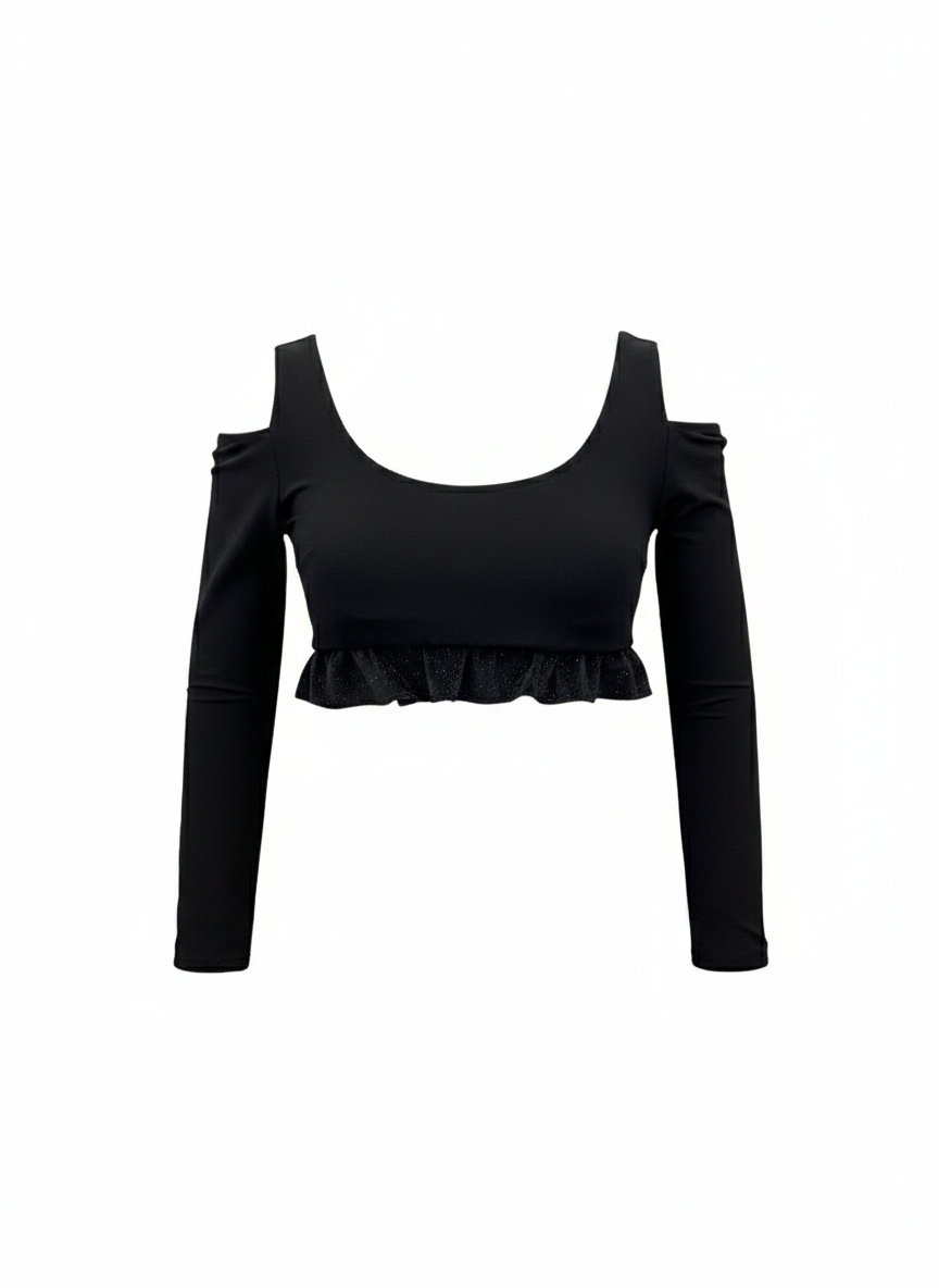 Bella Cut-Out Long Sleeve Ruffle Crop Top – Black