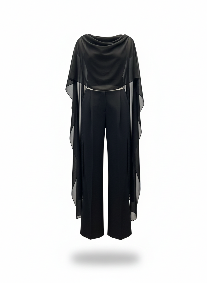 Elara Sheer Flow Cape Set – Black