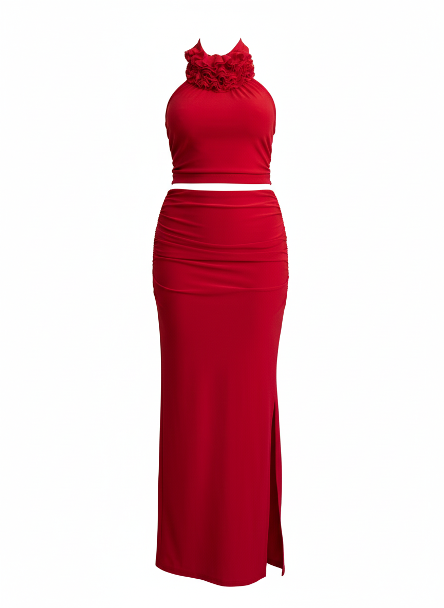 Rosa High-Neck Ruffled Performance Set – Red