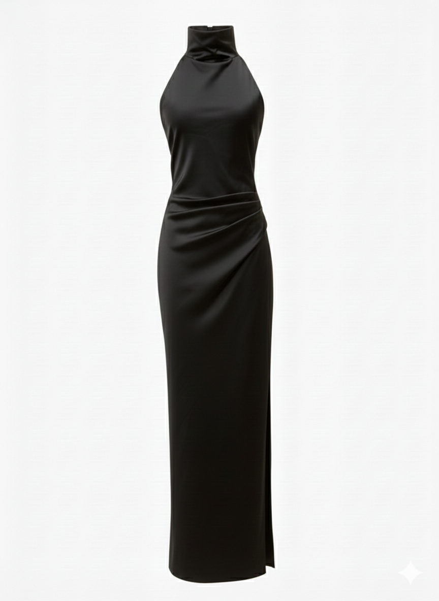 Astra High-Neck Open Back Dress – Black