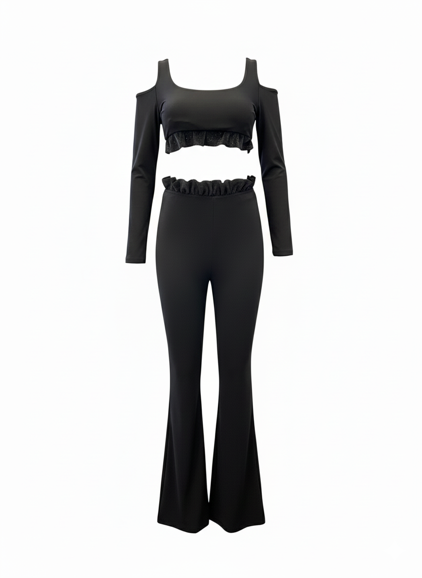 Riva Ruffled Cold-Shoulder Dance Set – Black