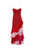 Aurelia Spaghetti Strap Cascade Gown – Red & Pink Ombré