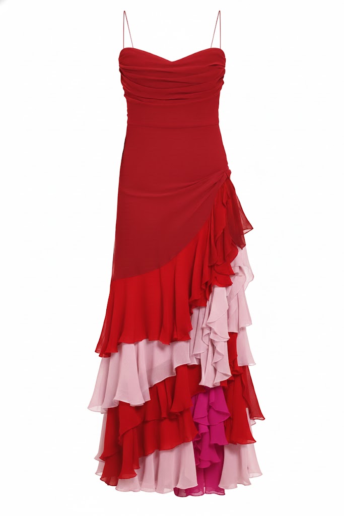 Aurelia Spaghetti Strap Cascade Gown – Red & Pink Ombré