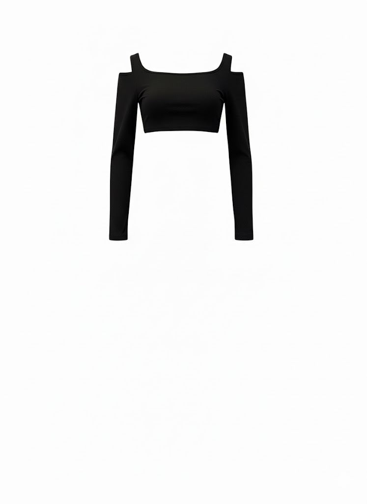 Luna Cut-Out Long Sleeve Crop Top – Black